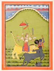 Durga en su tigre mata a Mahisha el demonio búfalo